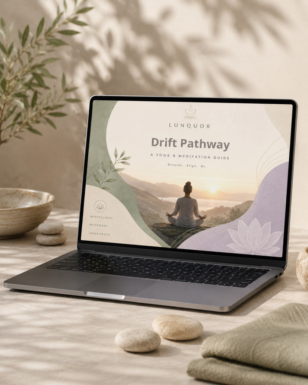 Laptop displaying a yoga and meditation guide on a serene setting with stones and plants.