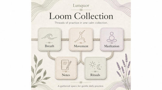 Lunquor Loom Collection packaging with icons for Breath, Movement, Meditation, Notes, and Rituals on a light background.