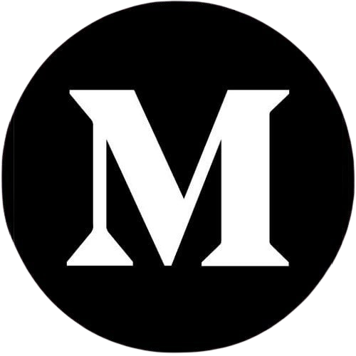 Black circle with a white 'M' in the center