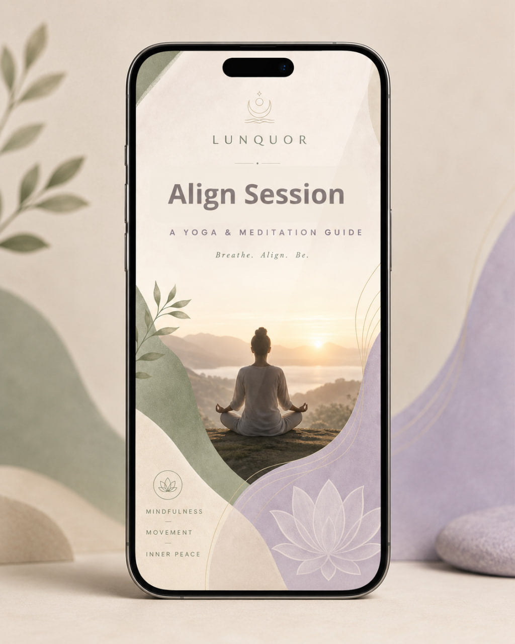 Phone displaying the 'Lunqor Align Session' app with a yoga pose and nature background.