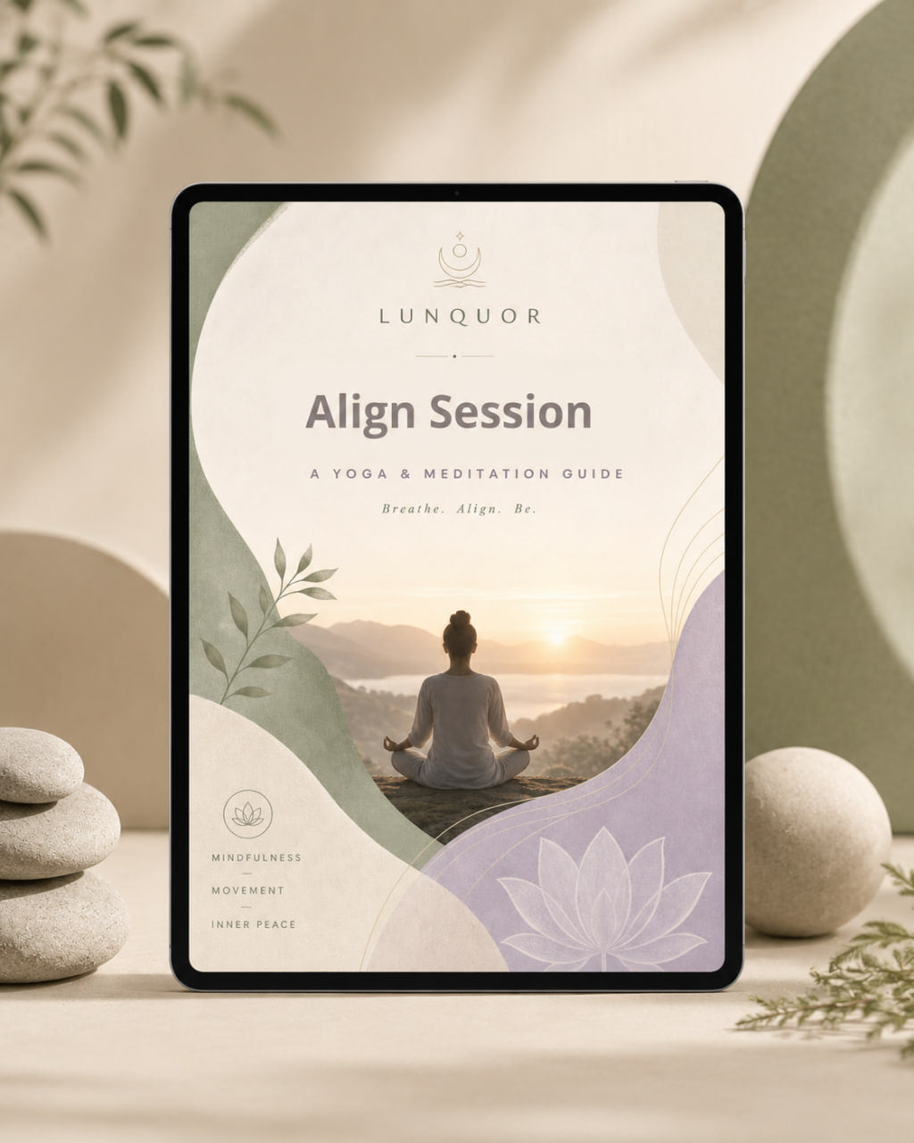 Tablet displaying a 'Lunquor Align Session' yoga and meditation guide with a scenic cover on a serene background.