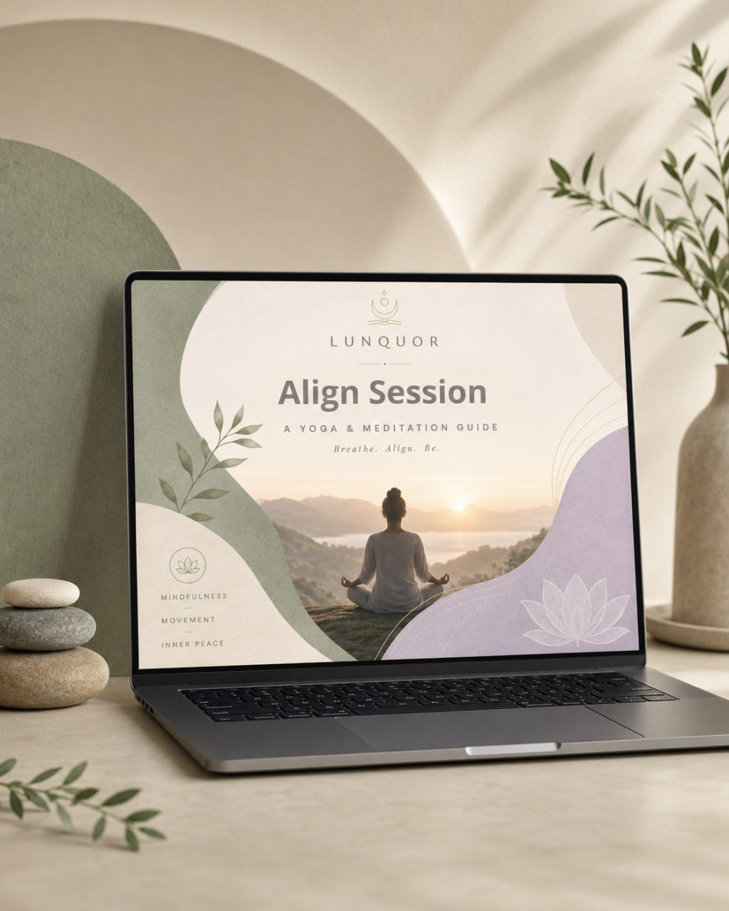 Laptop displaying a 'Align Session' guide on a desk with decorative elements.