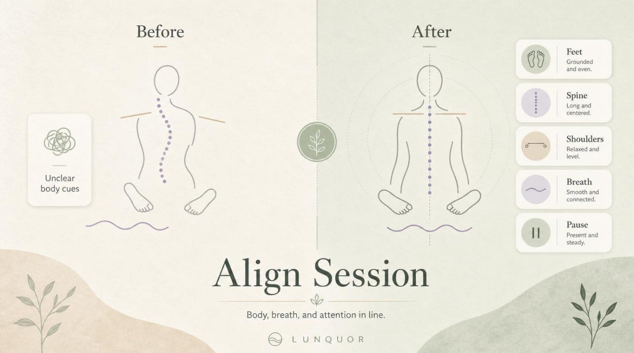 Diagram showing a 'Before' and 'After' alignment of a person during an Align Session with Luniquor.