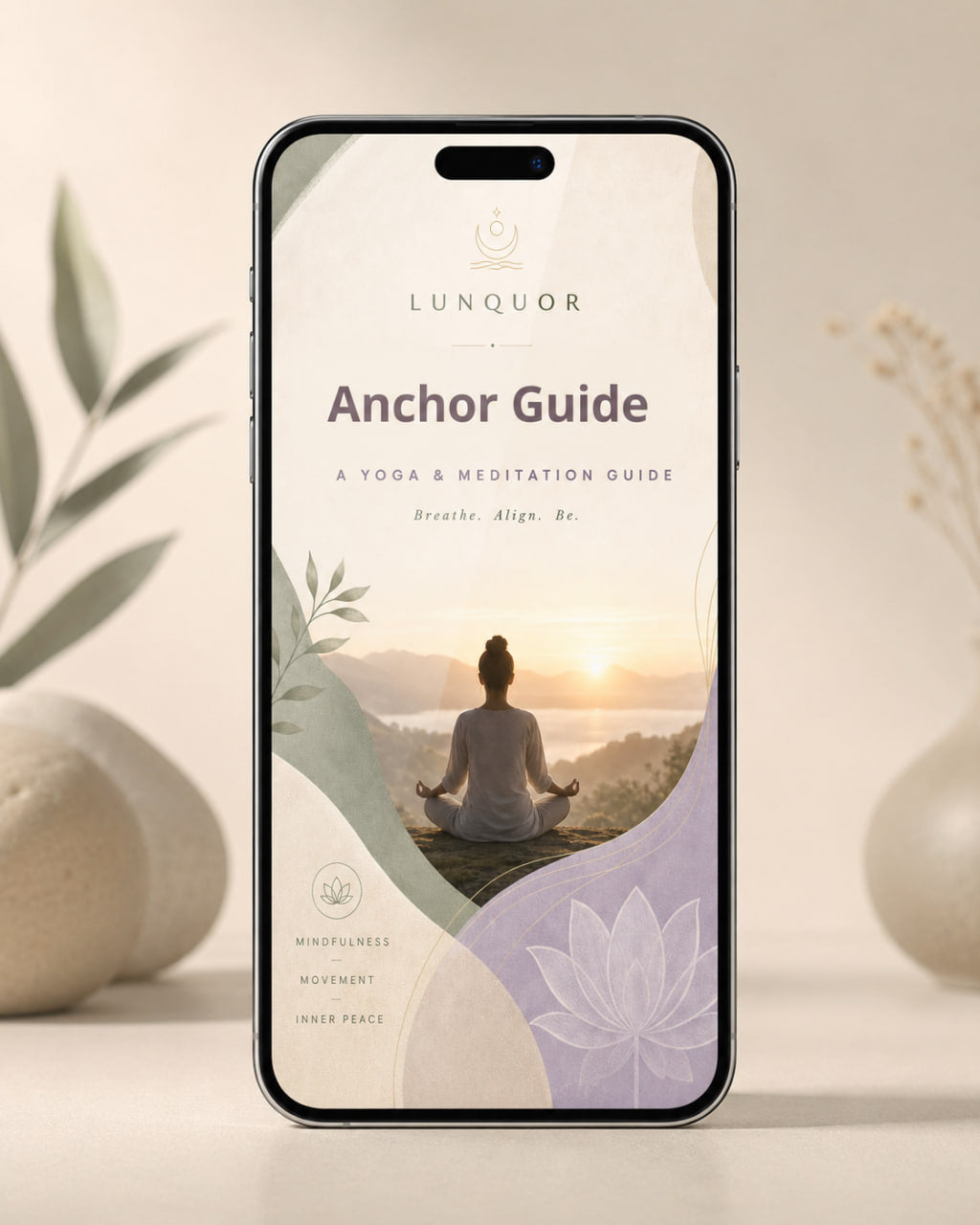 Phone displaying the Lunquor Anchor Guide app with a yoga and meditation theme, surrounded by decorative elements.