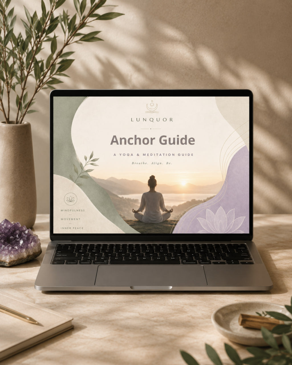 Laptop displaying a 'Anchor Guide' on a desk with plants and decor