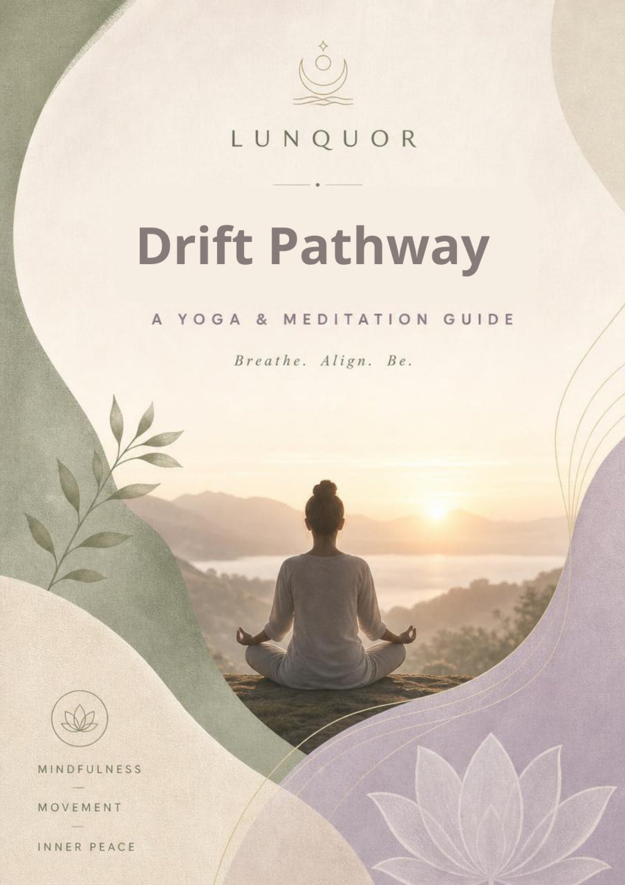 Yoga and meditation guide titled 'Drift Pathway' by Lunquor with a person meditating at sunset.
