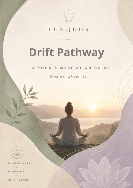 Yoga and meditation guide titled 'Drift Pathway' by Lunquor with a person meditating at sunset.