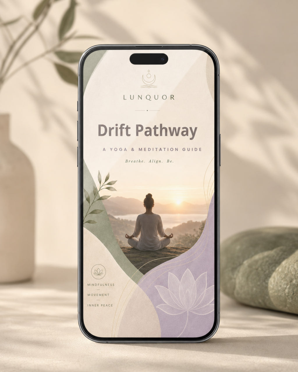 Phone displaying 'Drift Pathway' app with a yoga-themed design on a blurred natural background