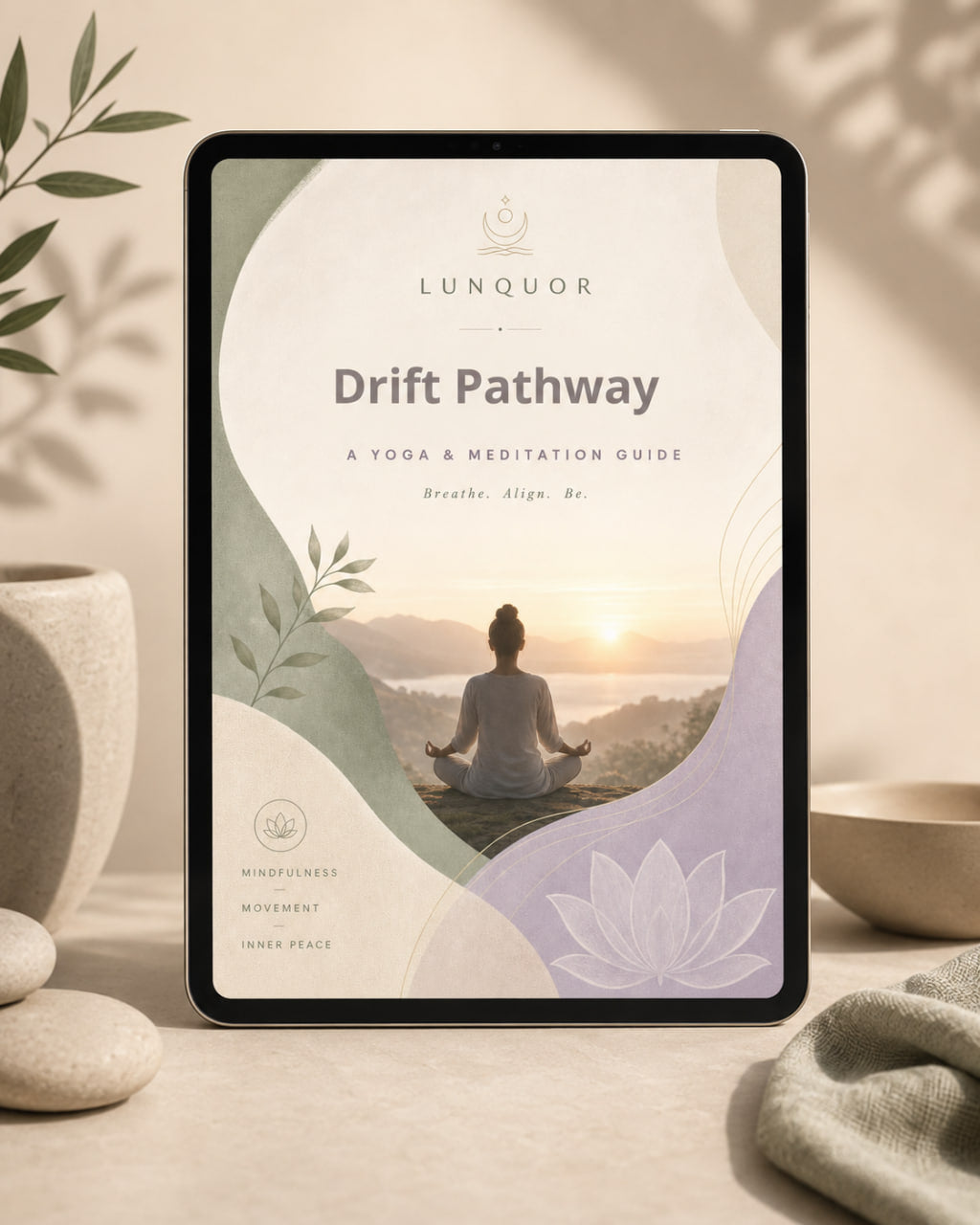 Tablet displaying a yoga and meditation guide with a scenic view on a serene setting