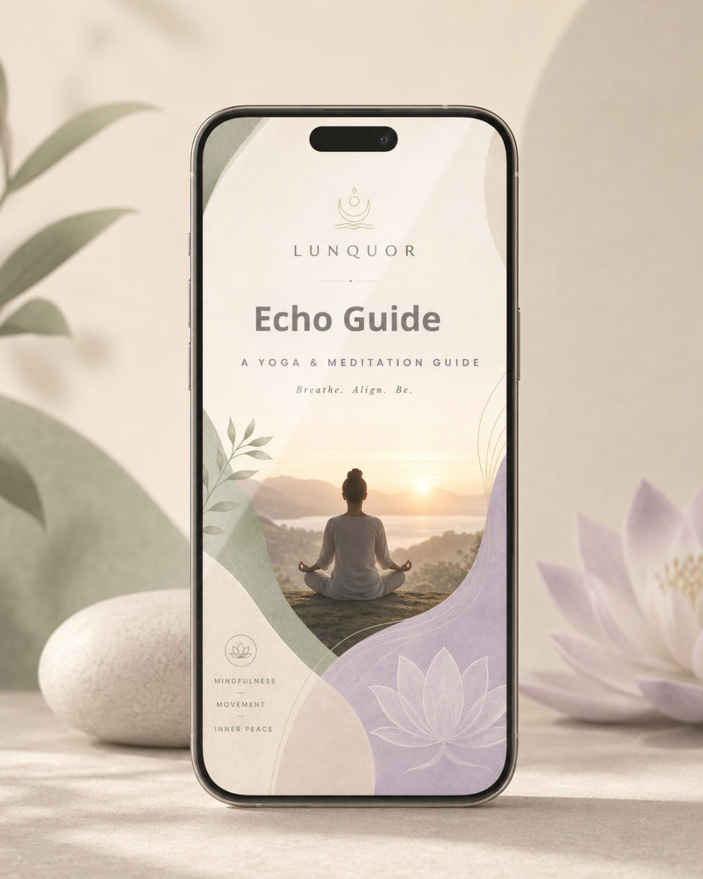 Phone displaying the Lunquor Echo Guide app with a yoga and meditation theme, surrounded by nature elements.