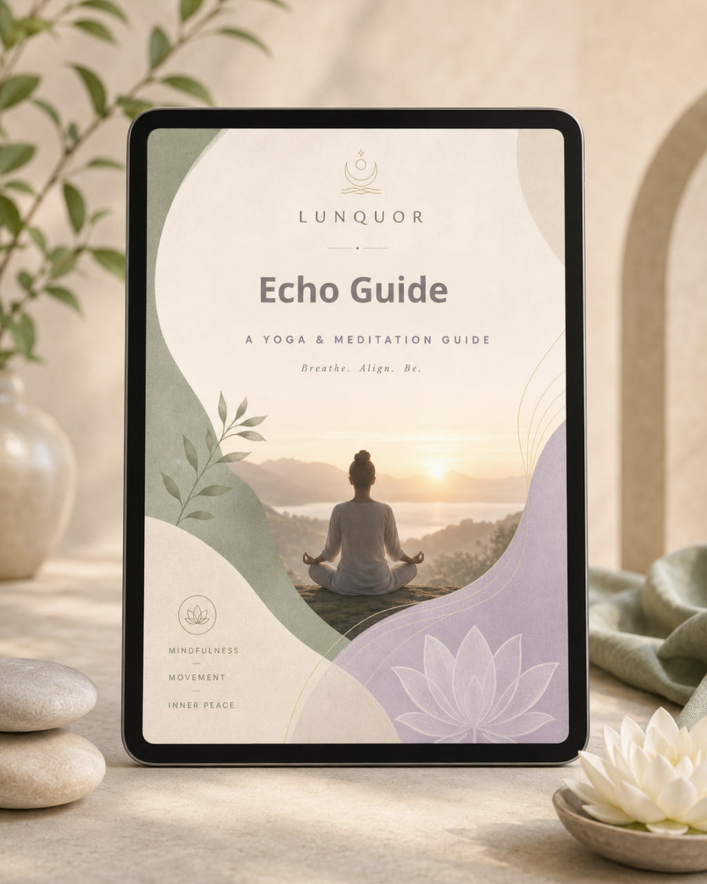 Tablet displaying the 'Echo Guide' by Lunquor on a serene background with a person meditating.