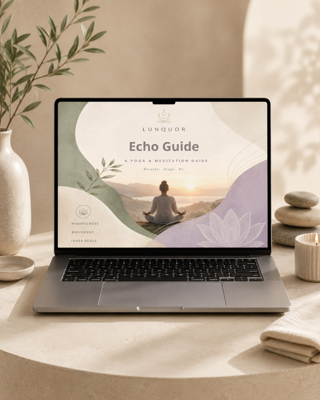 Laptop displaying 'Echo Guide' on a desk with a serene background