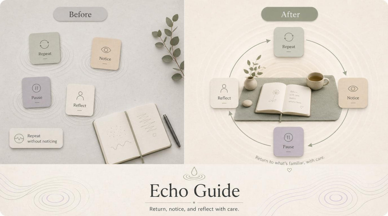 Before and after comparison of a room setup with 'Echo Guide' text.