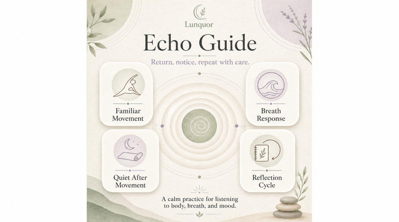 Echo Guide by Luniquor with meditation practice steps on a light background