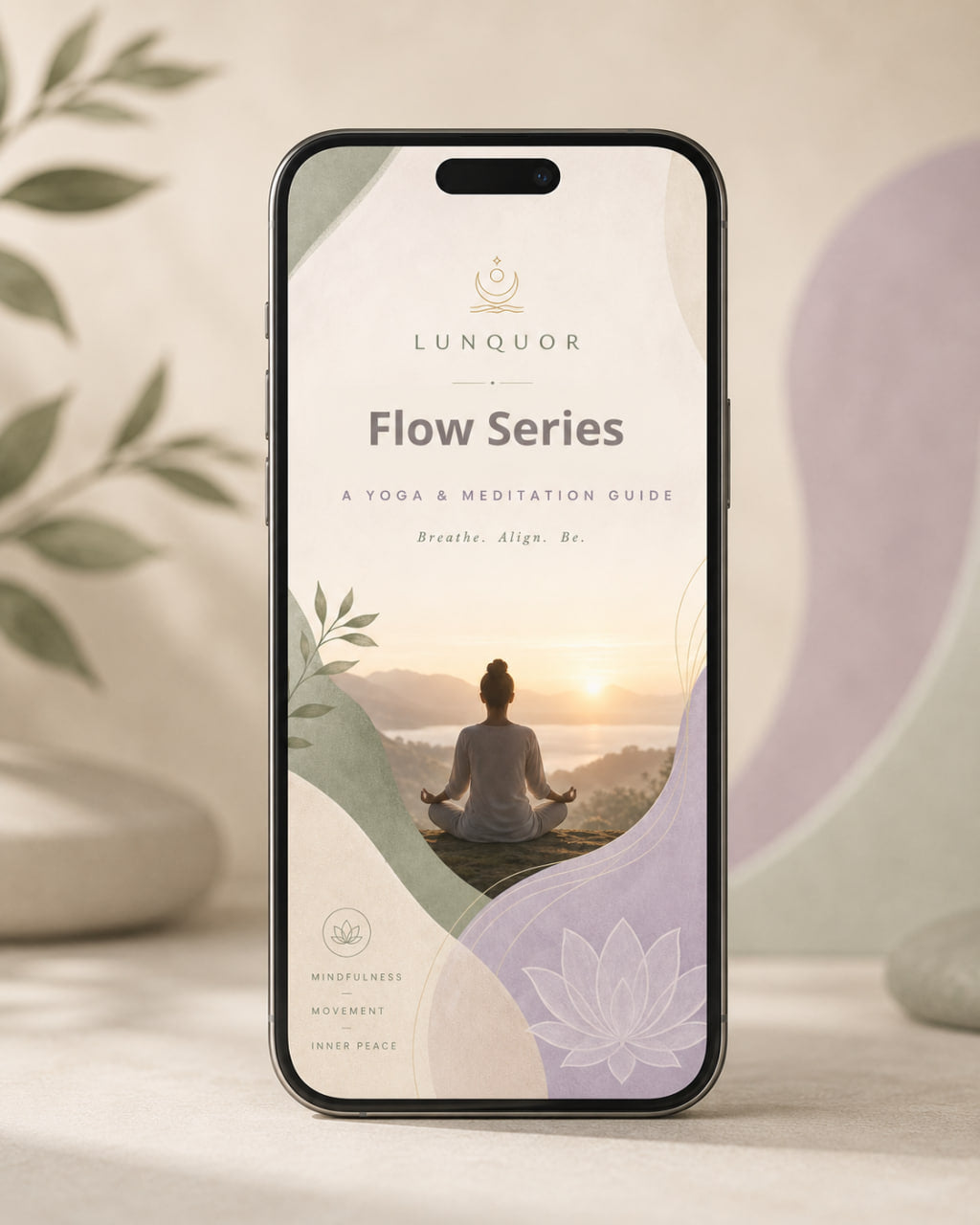Phone displaying 'Lunquor Flow Series' app with a person meditating on a screen, surrounded by yoga props.