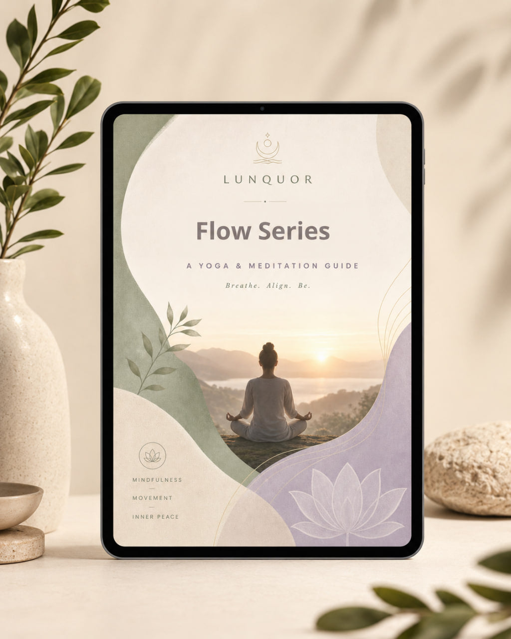 Tablet displaying a yoga and meditation guide with a scenic cover on a serene background.