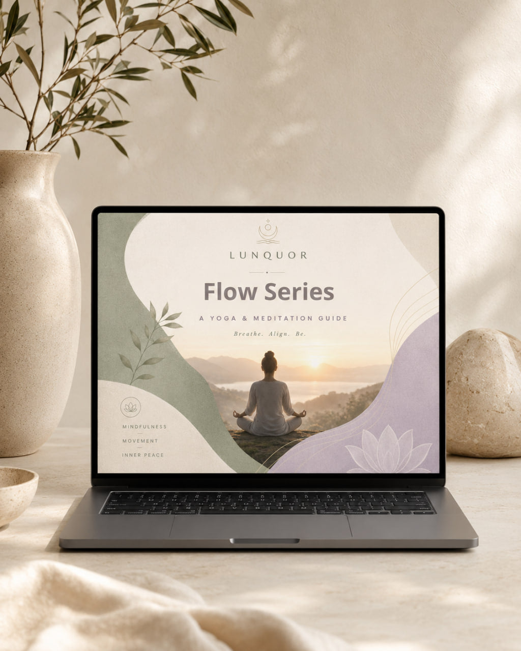 Laptop displaying a 'Flow Series' guide on a serene background with plants and stones.