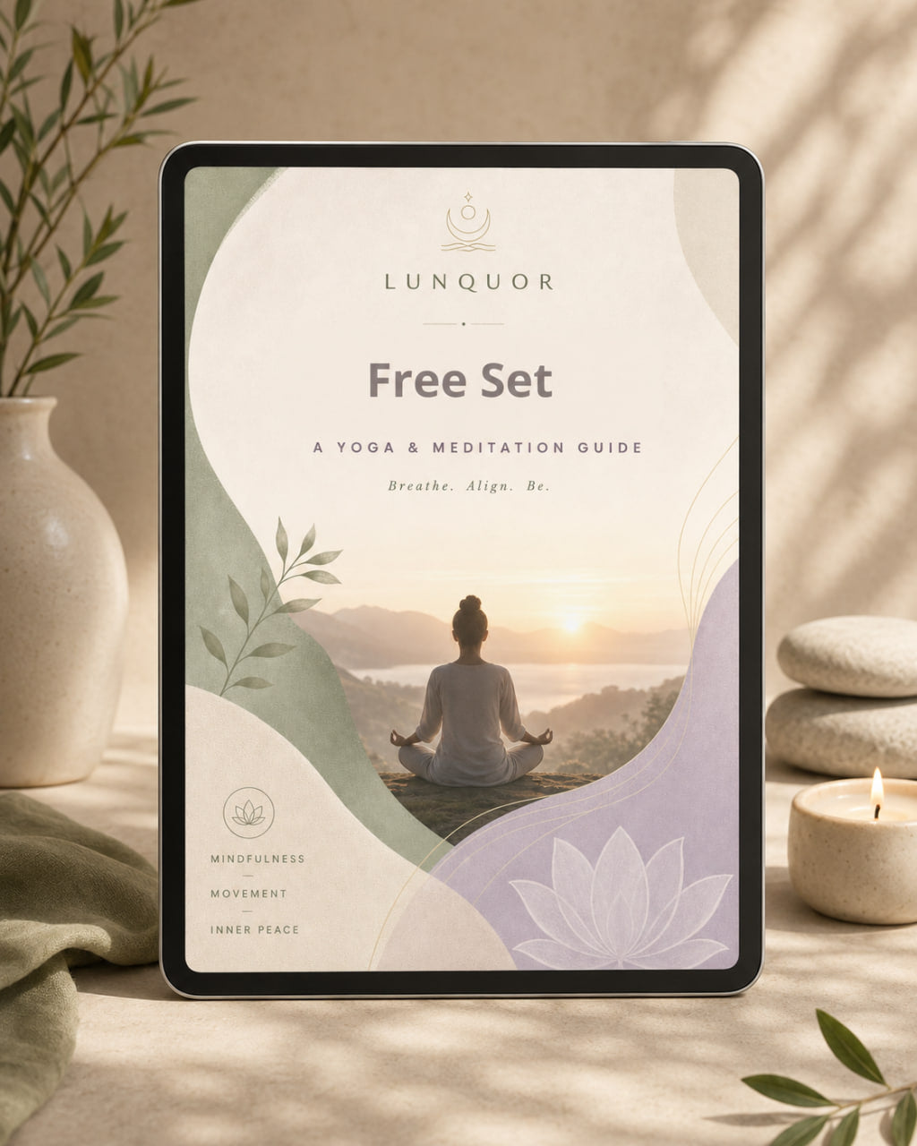 Tablet displaying a yoga and meditation guide by Lunquor on a serene background with a person meditating.