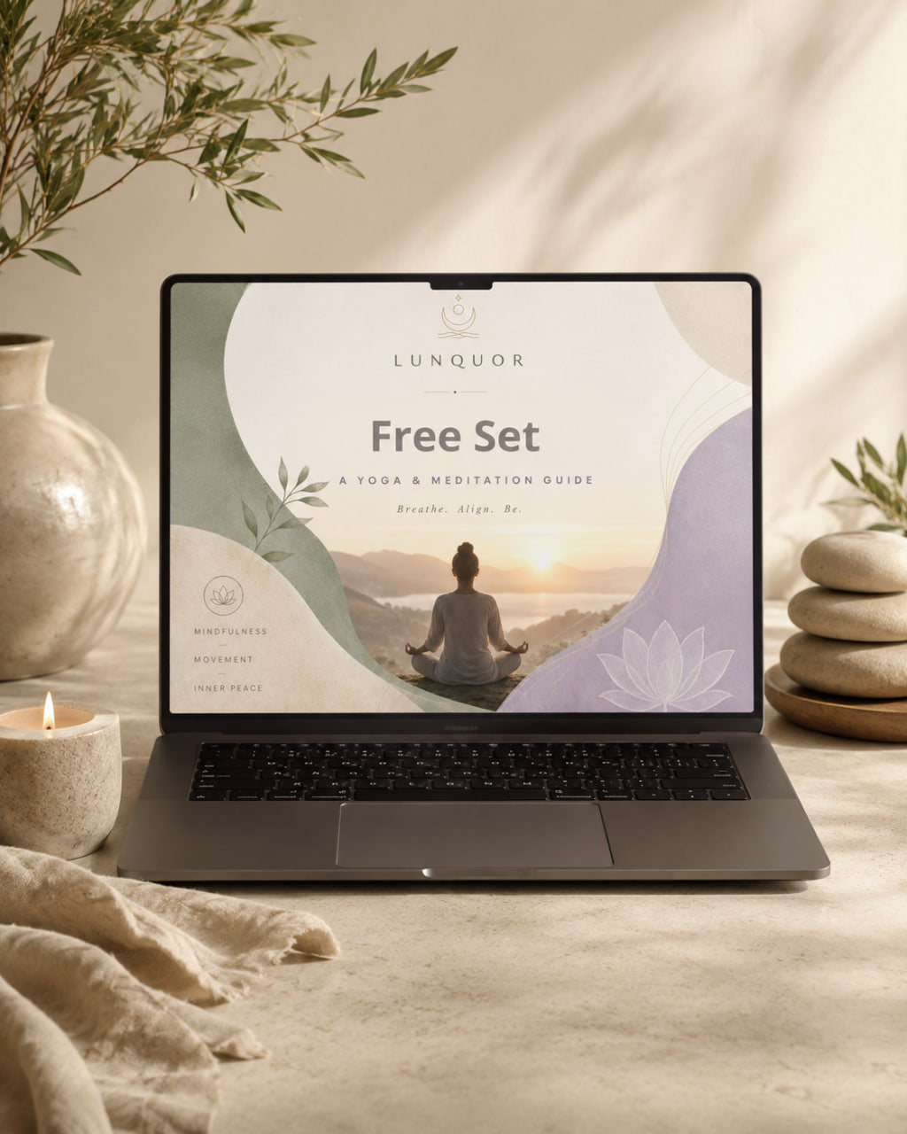 Laptop displaying a meditation app interface on a serene setting with candles and plants.