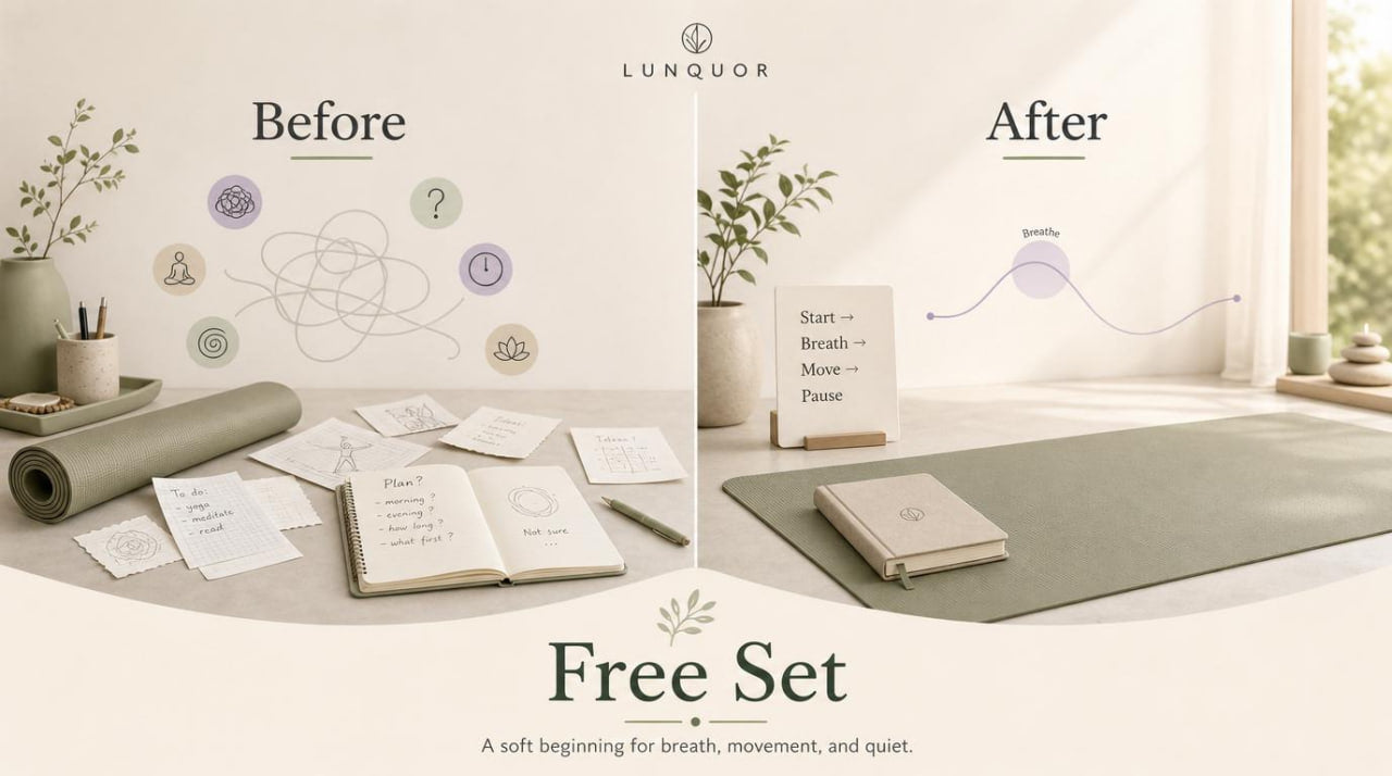 Before and after comparison of a room setup with a yoga mat and decor changes.