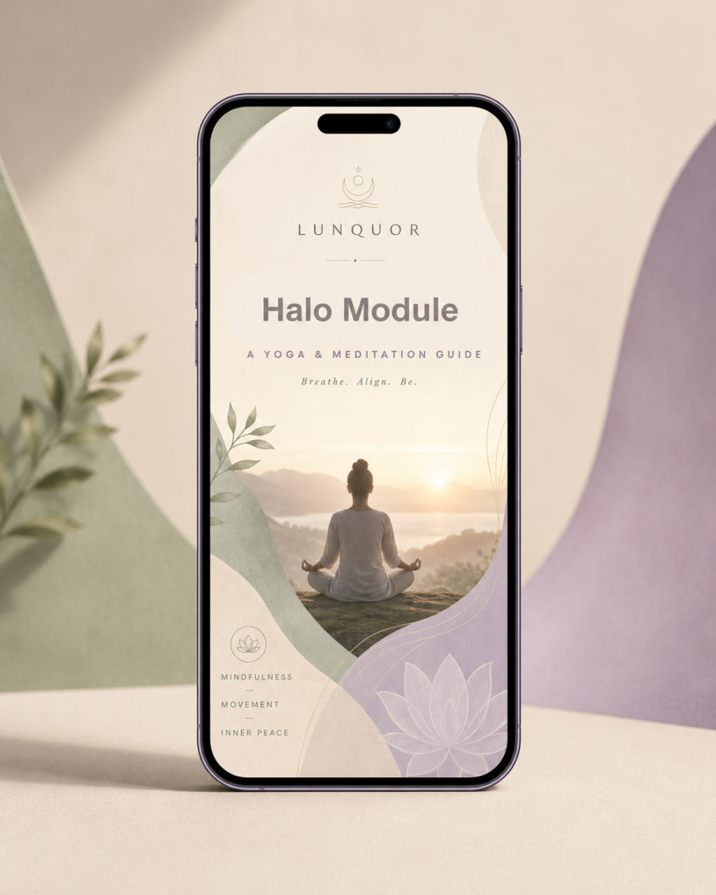 Phone displaying the Lunquor Halo Module app with a person meditating on a screen