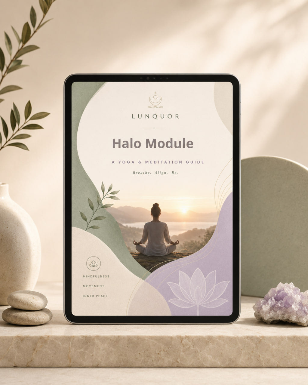 Tablet displaying a 'Lunquor Halo Module' on a serene background with a person meditating.