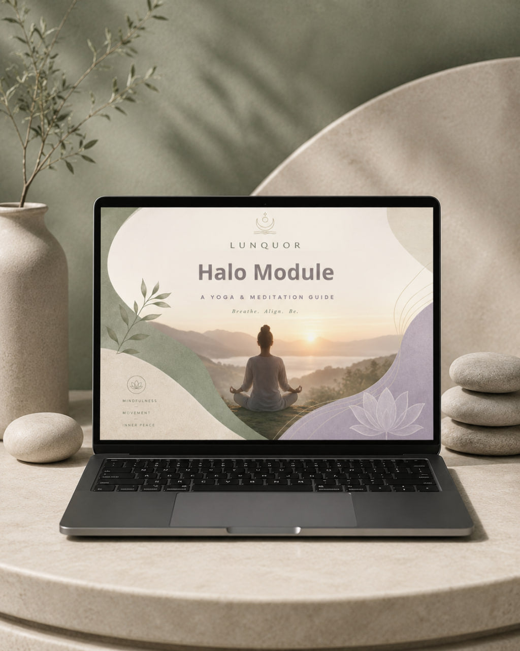 Laptop displaying a yoga and meditation guide on a serene setting with stones and plants.