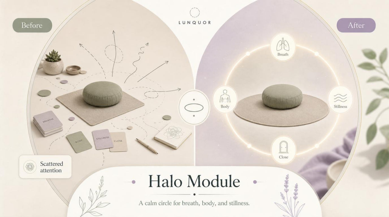 Before and after comparison of a room setup with a Halo Module, featuring a stone-like object on a surface.