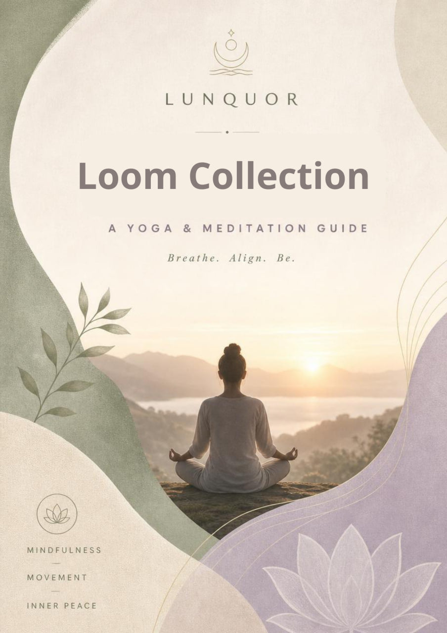 Yoga and meditation guide titled 'Loom Collection' by Lunquor with a person meditating at sunset.