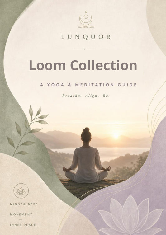 Yoga and meditation guide titled 'Loom Collection' by Lunquor with a person meditating at sunset.