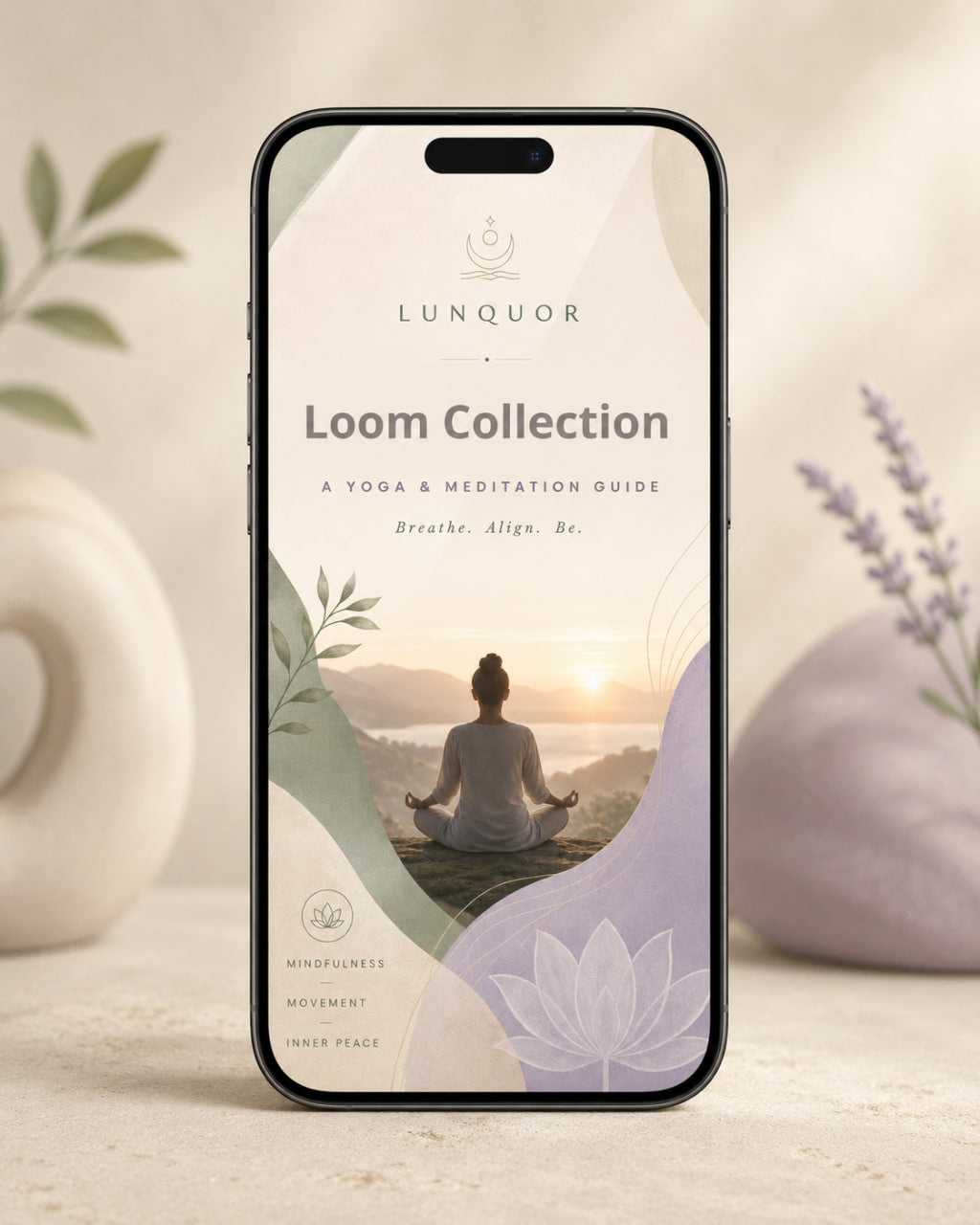 Phone displaying the Lunquor Loom Collection app with a yoga-themed design.