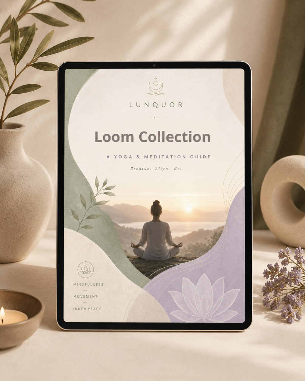 Tablet displaying a 'Loom Collection' yoga and meditation guide with a scenic cover on a serene background.