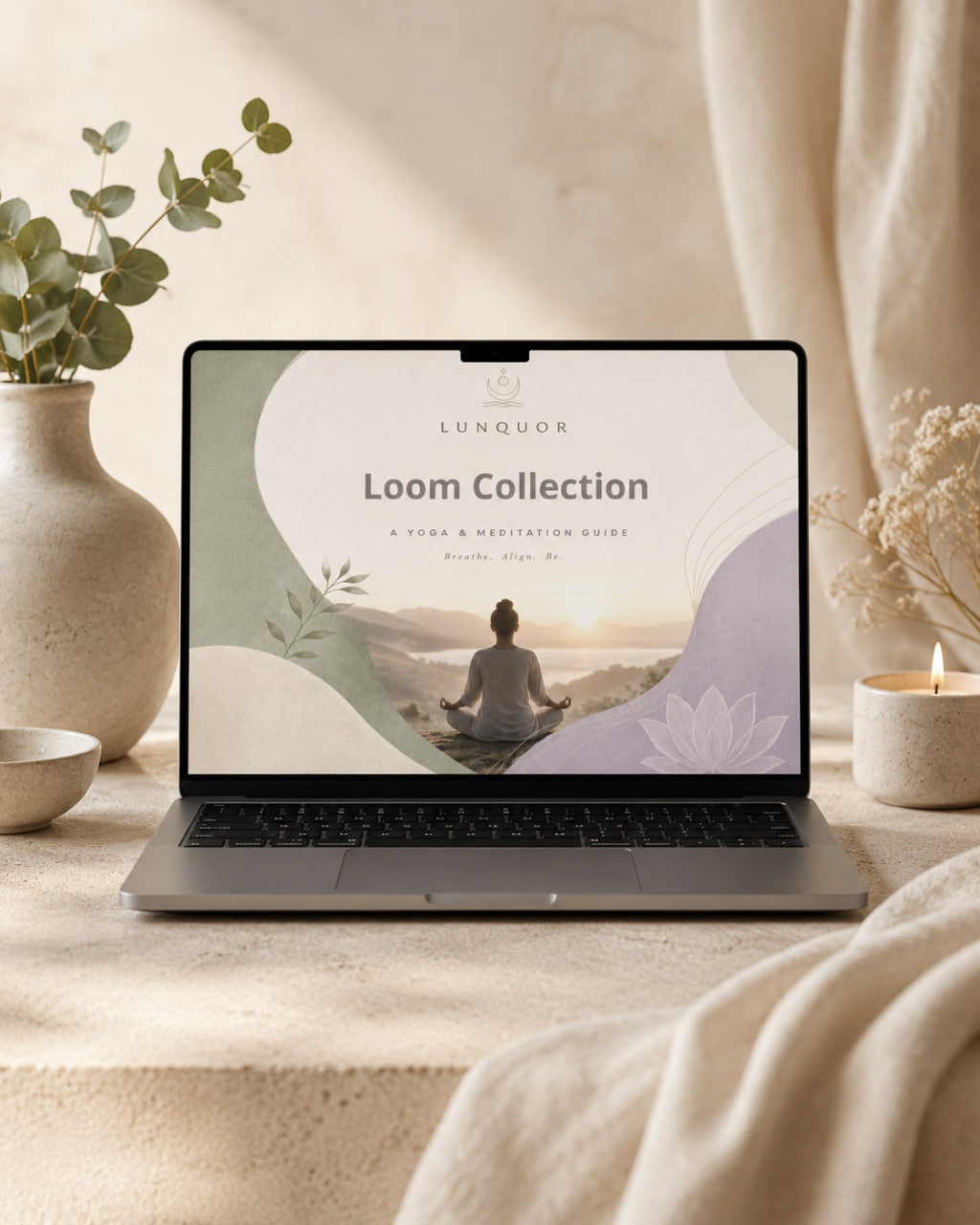 Laptop displaying 'Loom Collection' on a serene setting with plants and candles.