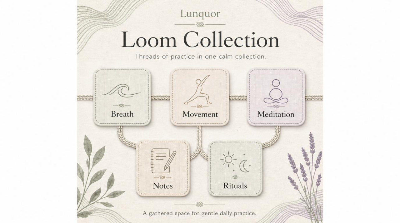 Lunquor Loom Collection packaging with icons for Breath, Movement, Meditation, Notes, and Rituals on a light background.