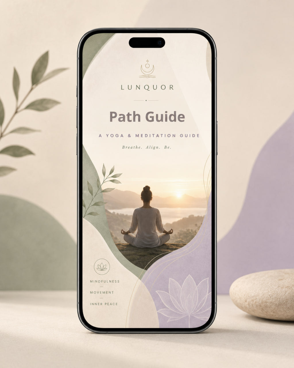 Phone displaying the 'Lunquor Path Guide' app with a yoga and meditation theme, surrounded by nature elements.