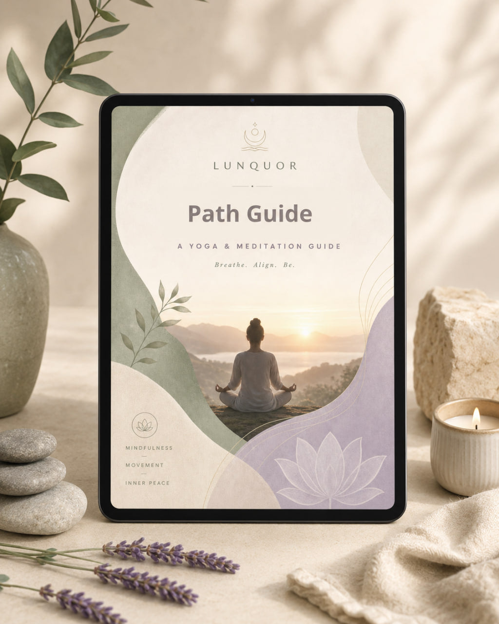 Tablet displaying a 'Lunquor Path Guide' on a serene setting with a person meditating, stones, and lavender.