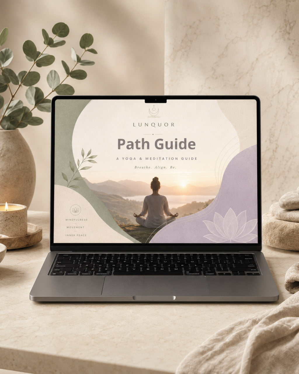 Laptop displaying a 'Path Guide' on a serene setting with a candle and plant.