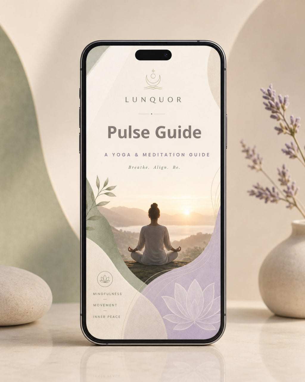 Phone displaying the 'Lunquor Pulse Guide' app with a person meditating on a screen, surrounded by decorative elements.