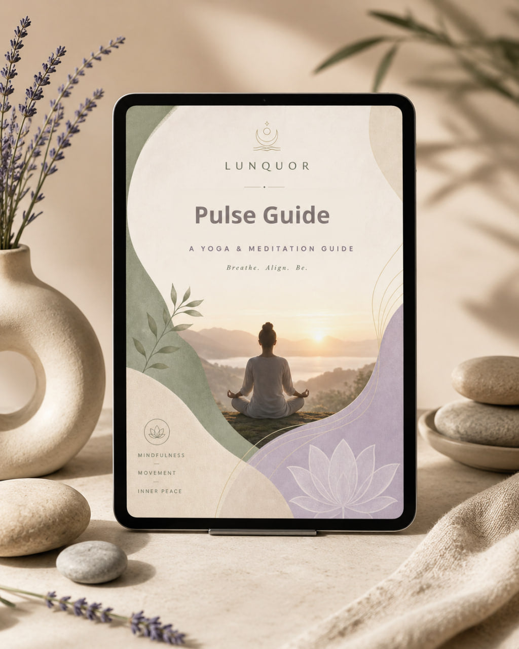 Tablet displaying a 'Pulse Guide' by Lunquor on a serene background with stones, lavender, and a vase.