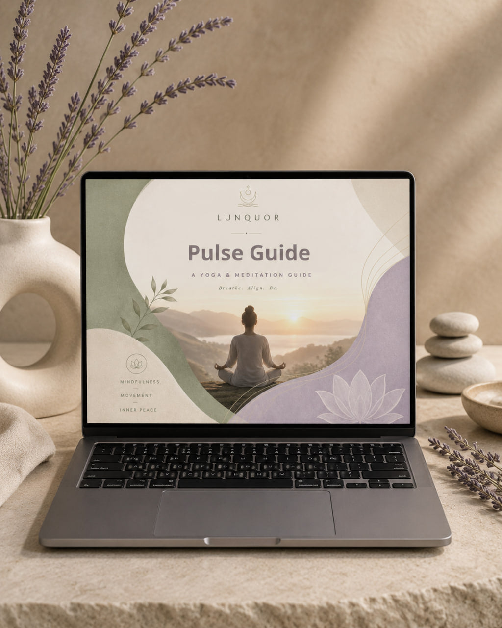 Laptop displaying a 'Pulse Guide' on a serene setting with lavender and stones.
