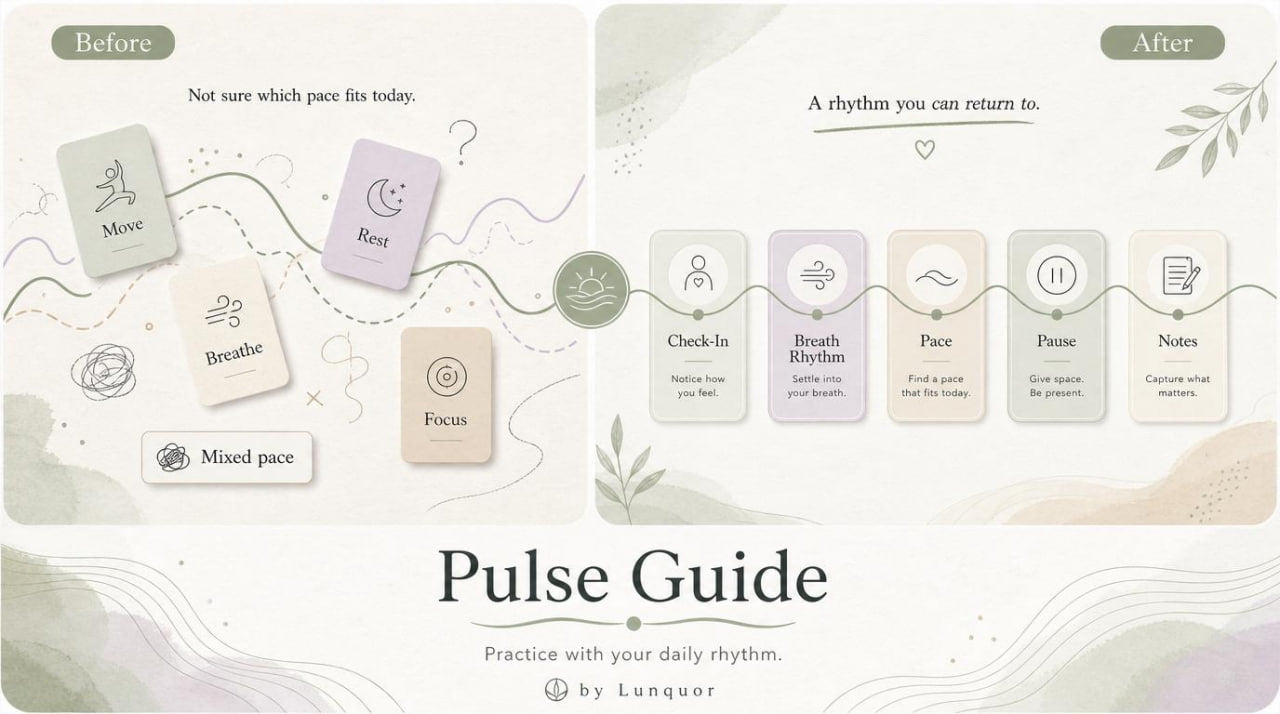 Pulse Guide with daily rhythm cards and branding at the bottom.
