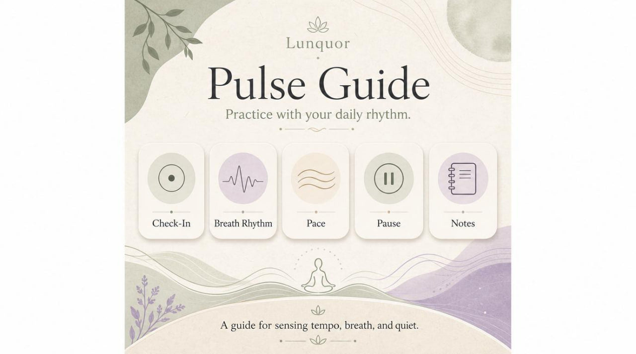 Lunquor Pulse Guide app interface with icons and text on a white background