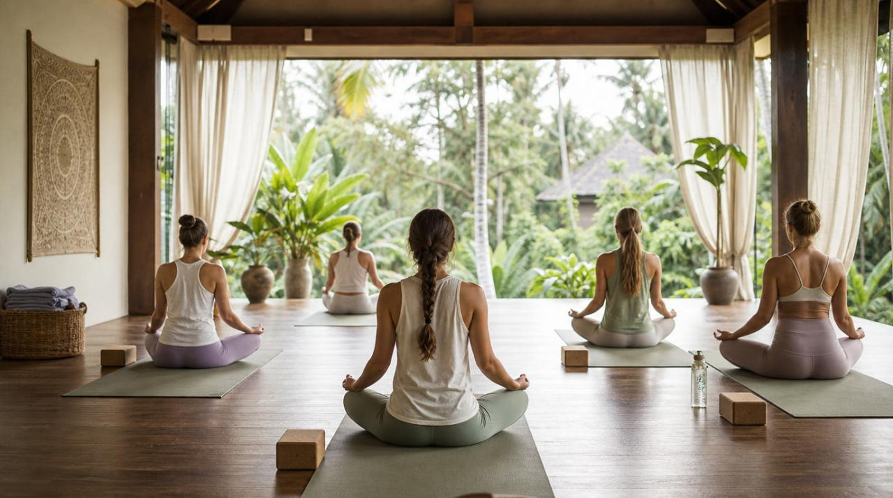 Group of women practicing yoga in a serene indoor setting with large windows and greenery.