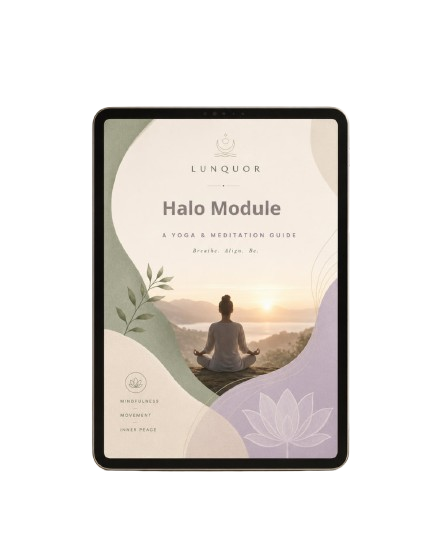 Tablet displaying a 'Halo Module' yoga and meditation guide by Lunquor on a white background.