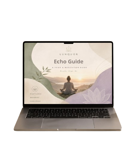 Laptop displaying the 'Echo Guide' by Lunquor with a meditation scene on the screen.